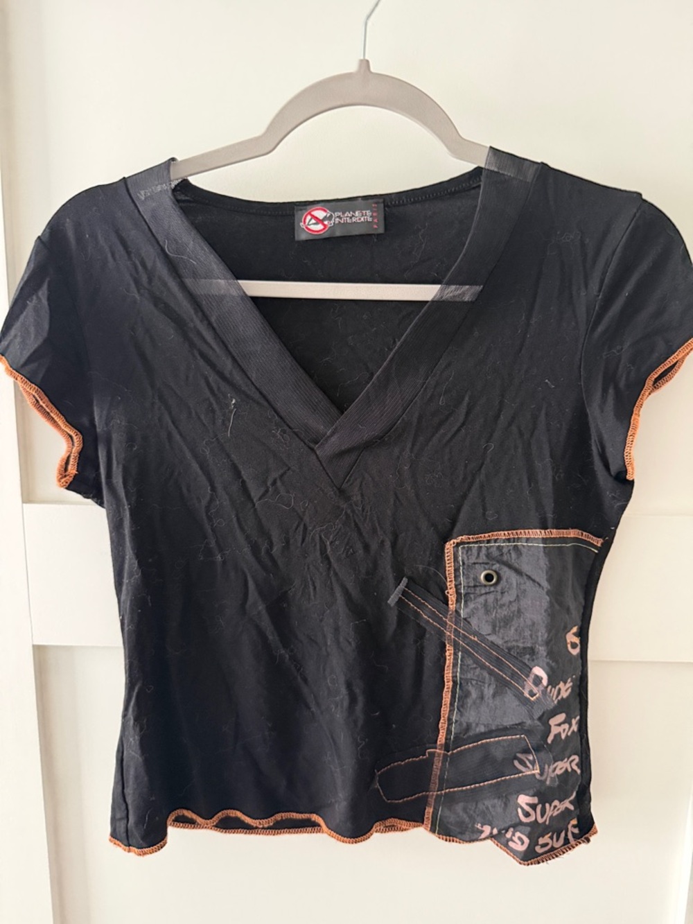 Made In France Black V-Neck Short Sleeve Tee with Orange Contrast Set W/Skirt